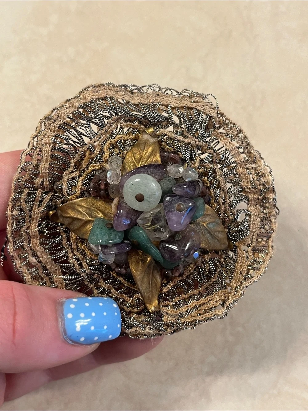 Handmade Vintage Multicolor Gemstone Flower Brooch with Gold-Tone Leaves